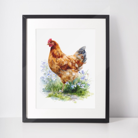 Watercolor Brown Hen with Wildflowers Portrait Wall Art Print Poster Unframed - Picture 3 of 6
